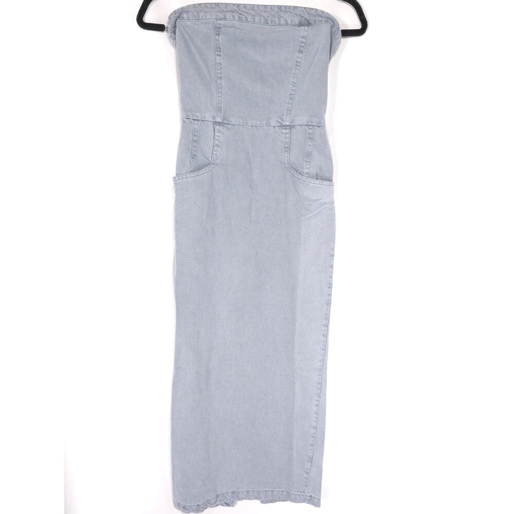 YFB Women’s New SMALL Denim Maxi Dress Blue Strapless Smocked Zip Pockets